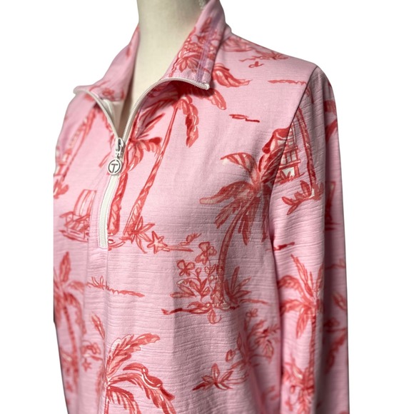 Talbots Tops - Talbots Pink Pullover with Coral Palm Print Quarter Zip